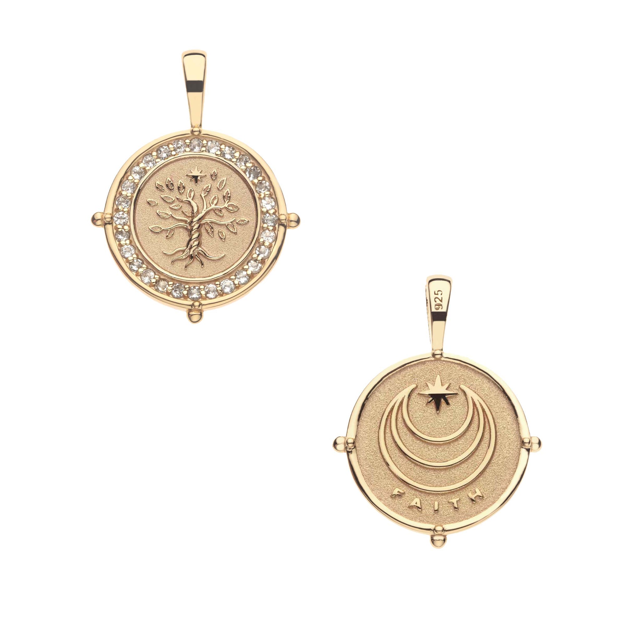 Gold Coin with Tree of Life with white topaz border (Front), Moon and Star Logo and FAITH underneath (Back)