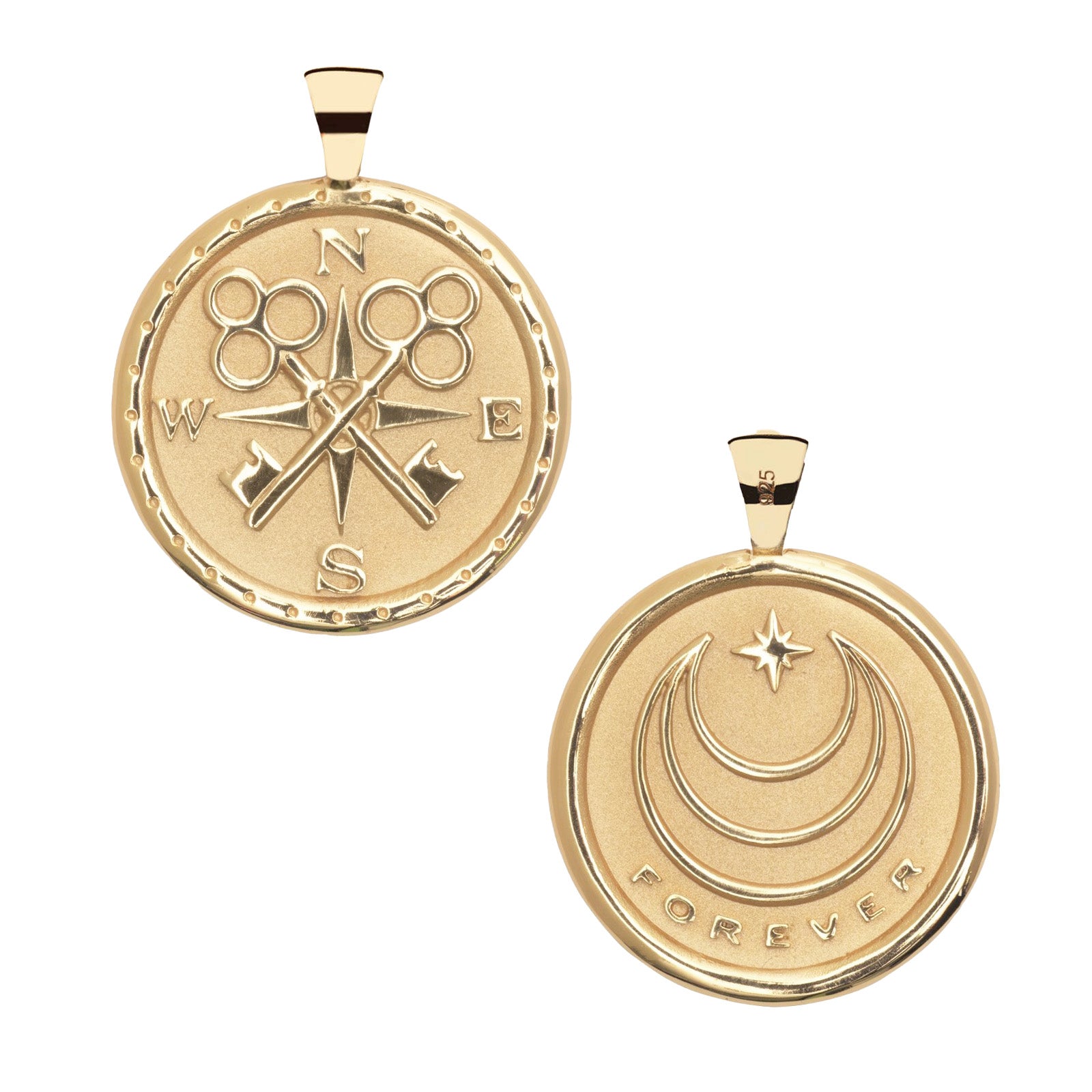Gold Coin Pendant with Compass and Key Design (front) and moon and star logo with FOREVER underneath (back)