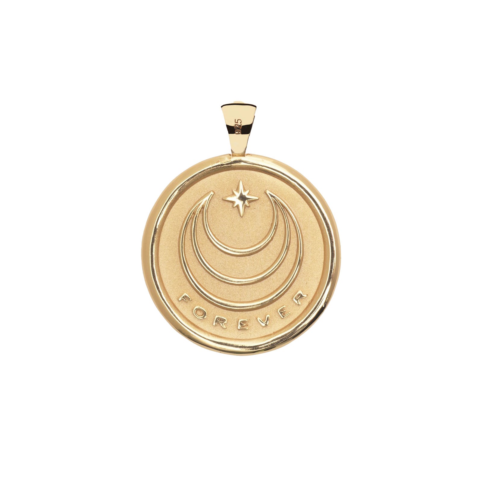 Gold Coin Pendant with Jane Win moon and star logo and word FOREVER underneath
