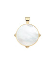 Back of gold coin pendant features mother of pearl face