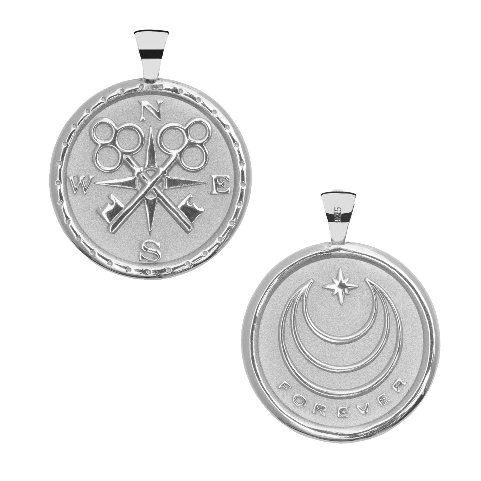 Silver Coin Pendant with Compass and Key Design (front) and moon and star logo with FOREVER underneath (back)