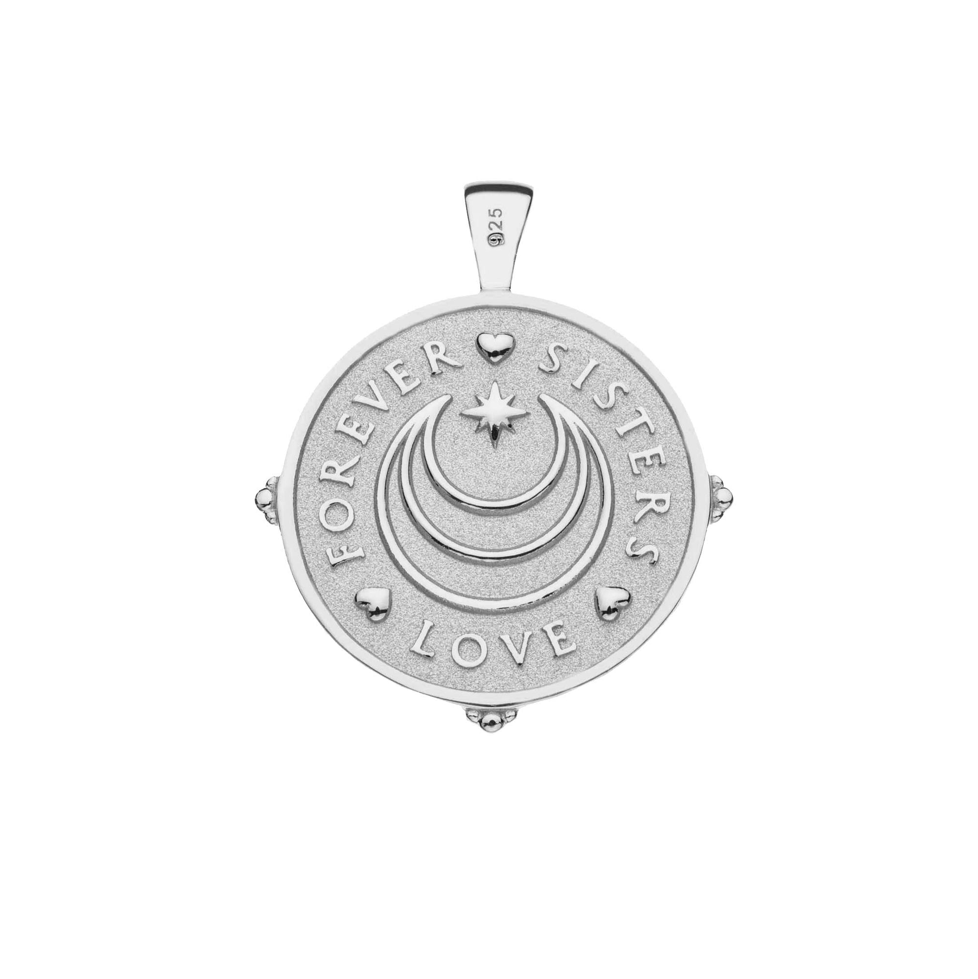 Jane Win moon and star logo and words FOREVER, SISTERS, LOVE with hearts separating each word underneath (back)