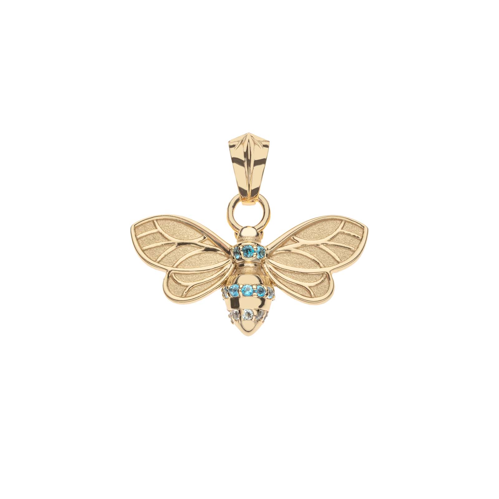 Gold bee pendant featuring blue topaz and aquamarine accents