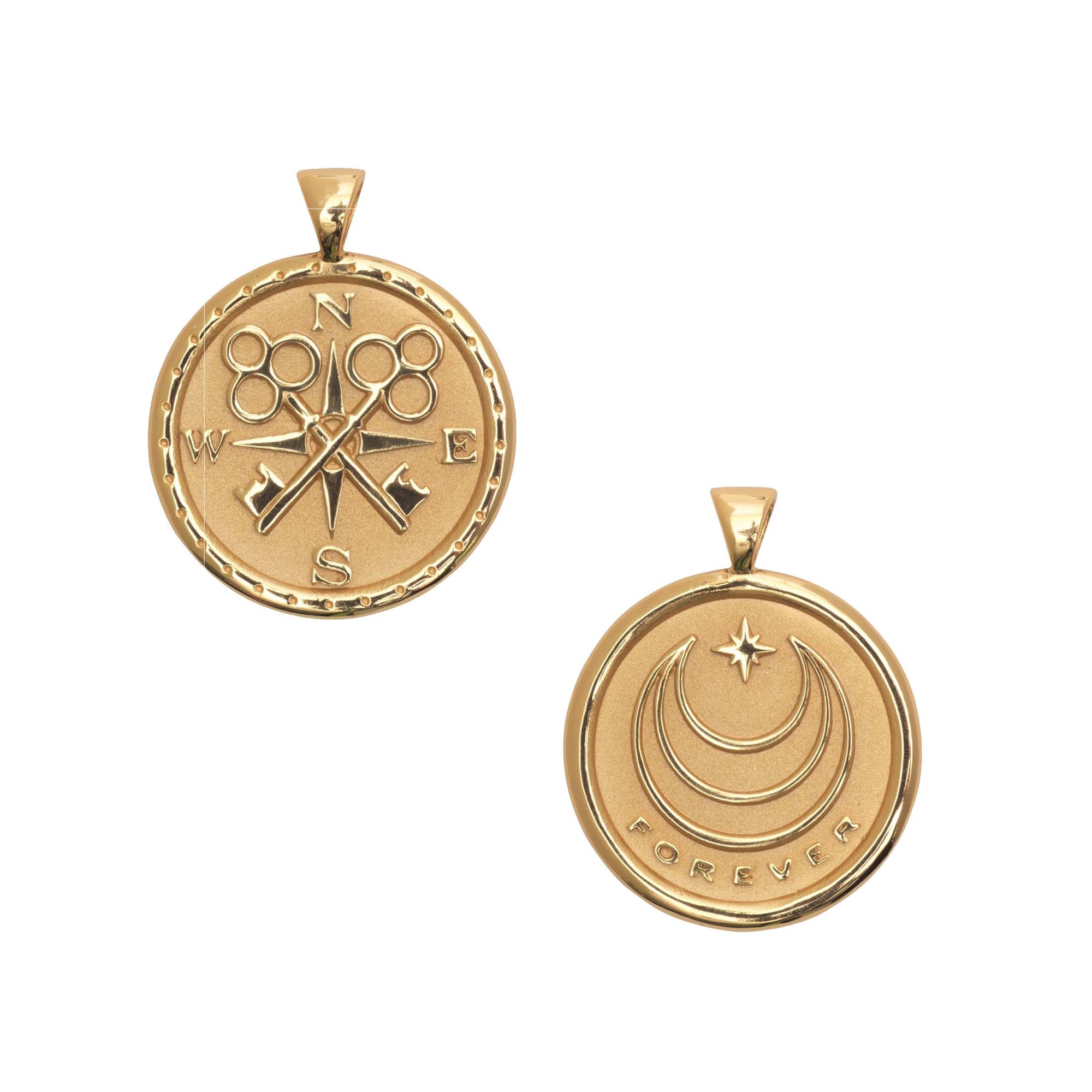 Gold Coin Pendant with Compass and Key Design (front) and moon and star logo with FOREVER underneath (back)