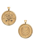 Gold Coin Pendant with Compass and Key Design (front) and moon and star logo with FOREVER underneath (back)