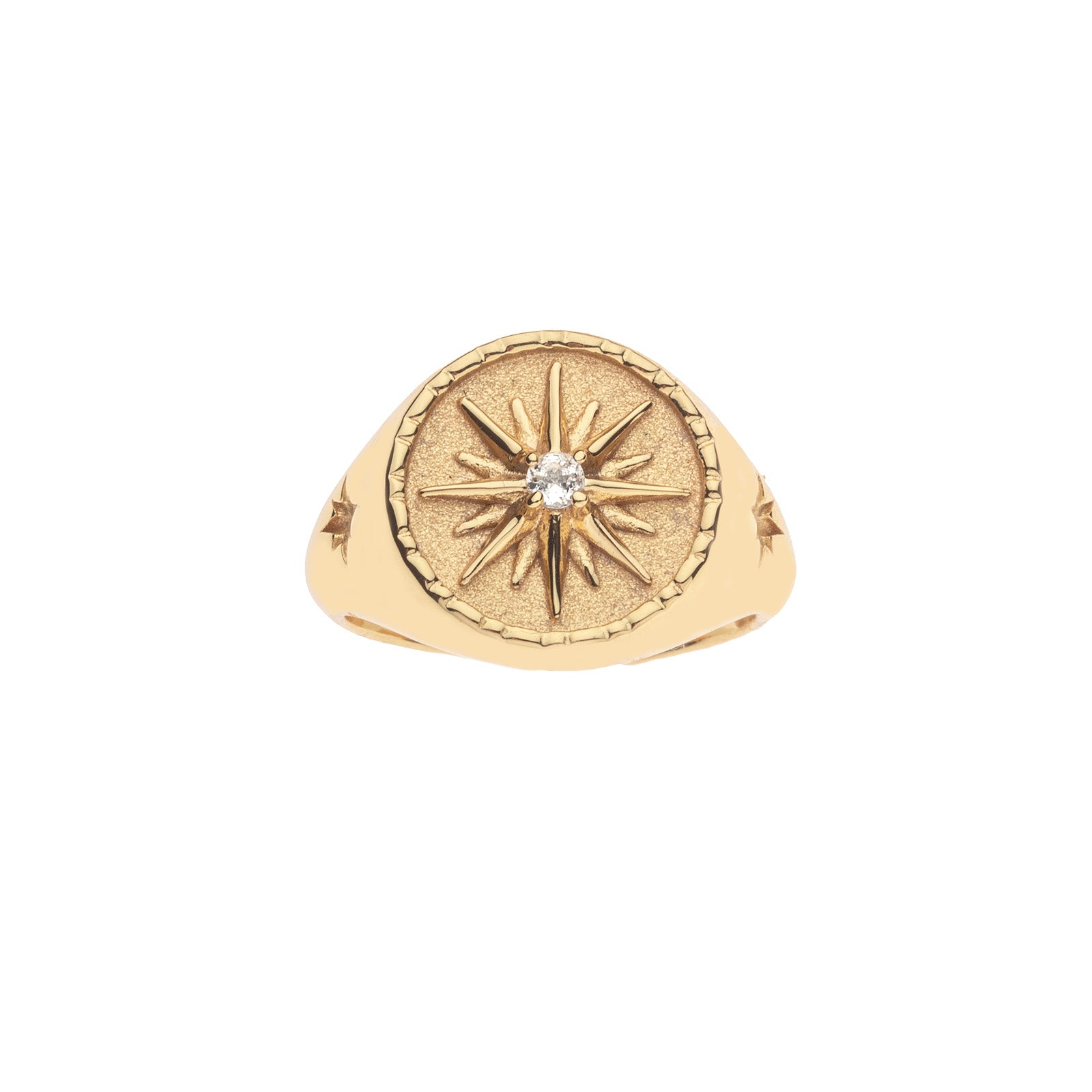 Gold sundial signet ring with white topaz detail