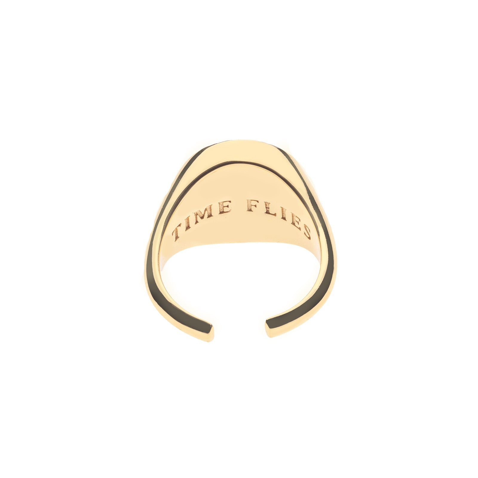 Inside of signet ring features "TIME FLIES" inscription