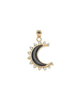 Gold crescent moon pendant with onyx inlay in moon and aquamarine stones along the edge