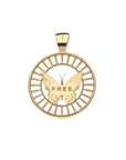 Back of gold free cutout pendant features the word FREE on the butterfly