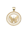 Gold free cutout coin pendant features butterfly and radiating cutout details