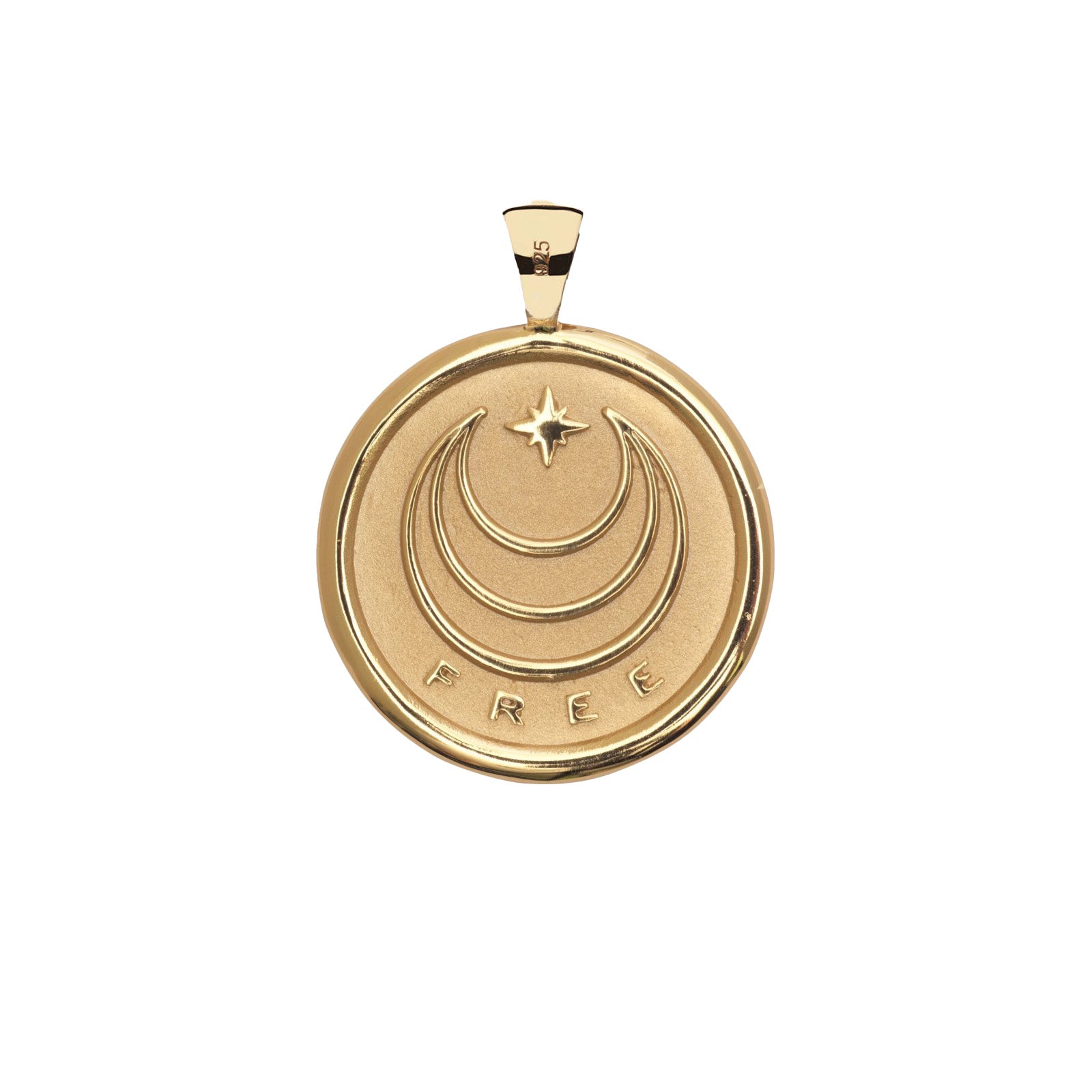 Gold Coin Pendant with Jane Win moon and star logo and word FREE underneath