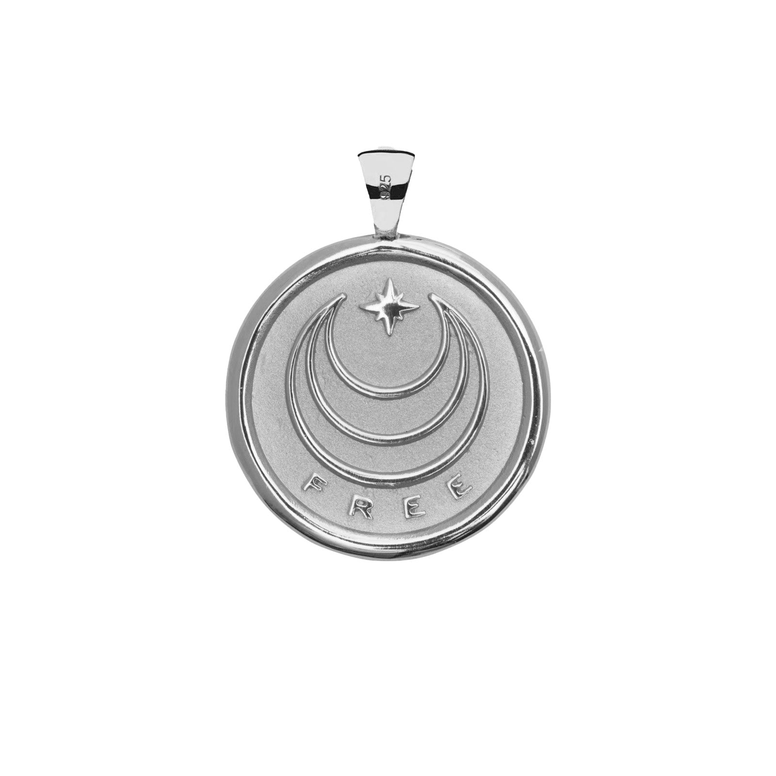 Silver Coin Pendant with Jane Win moon and star logo and word FREE underneath