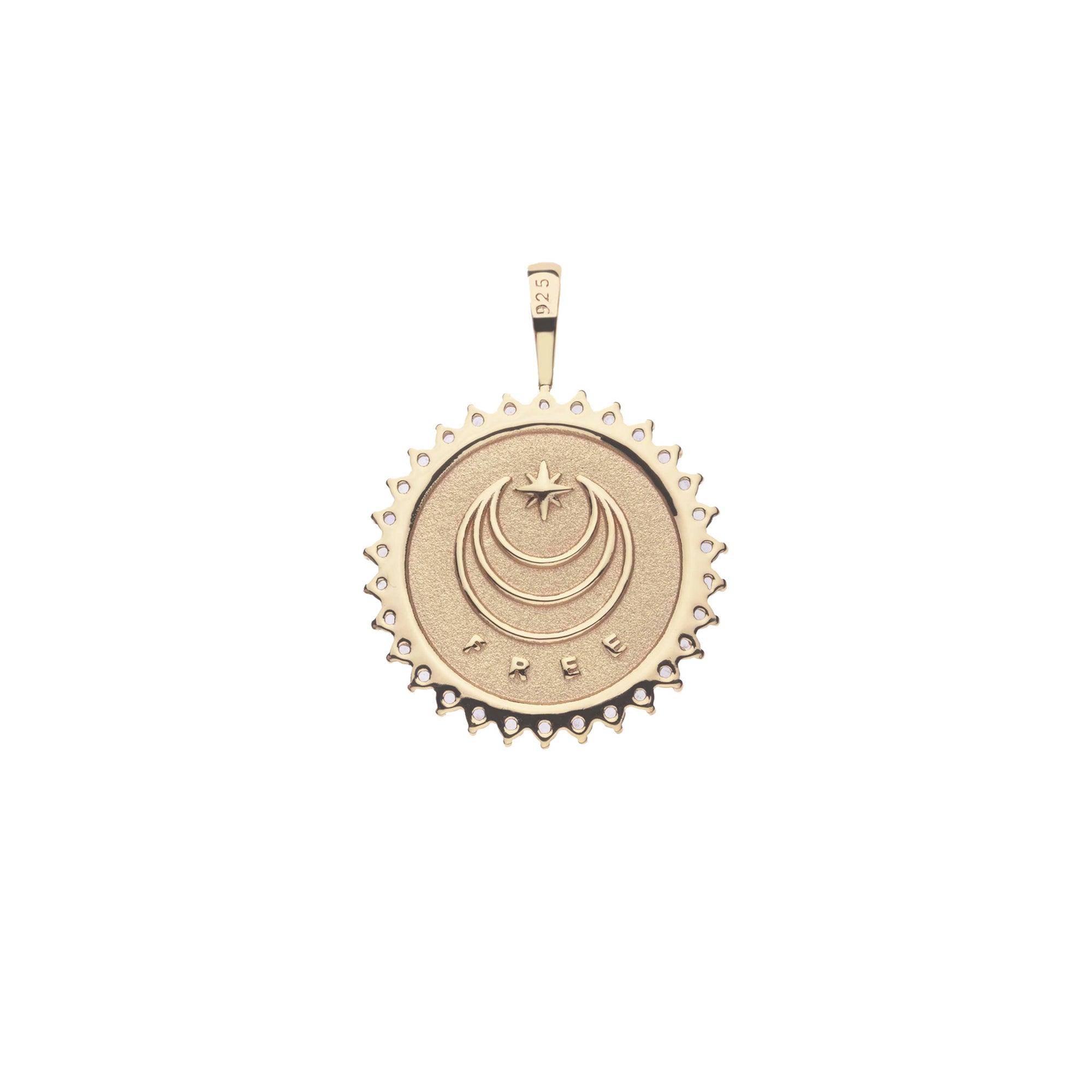 Gold Coin Pendant with Jane Win moon and star logo with the word "Free" underneath
