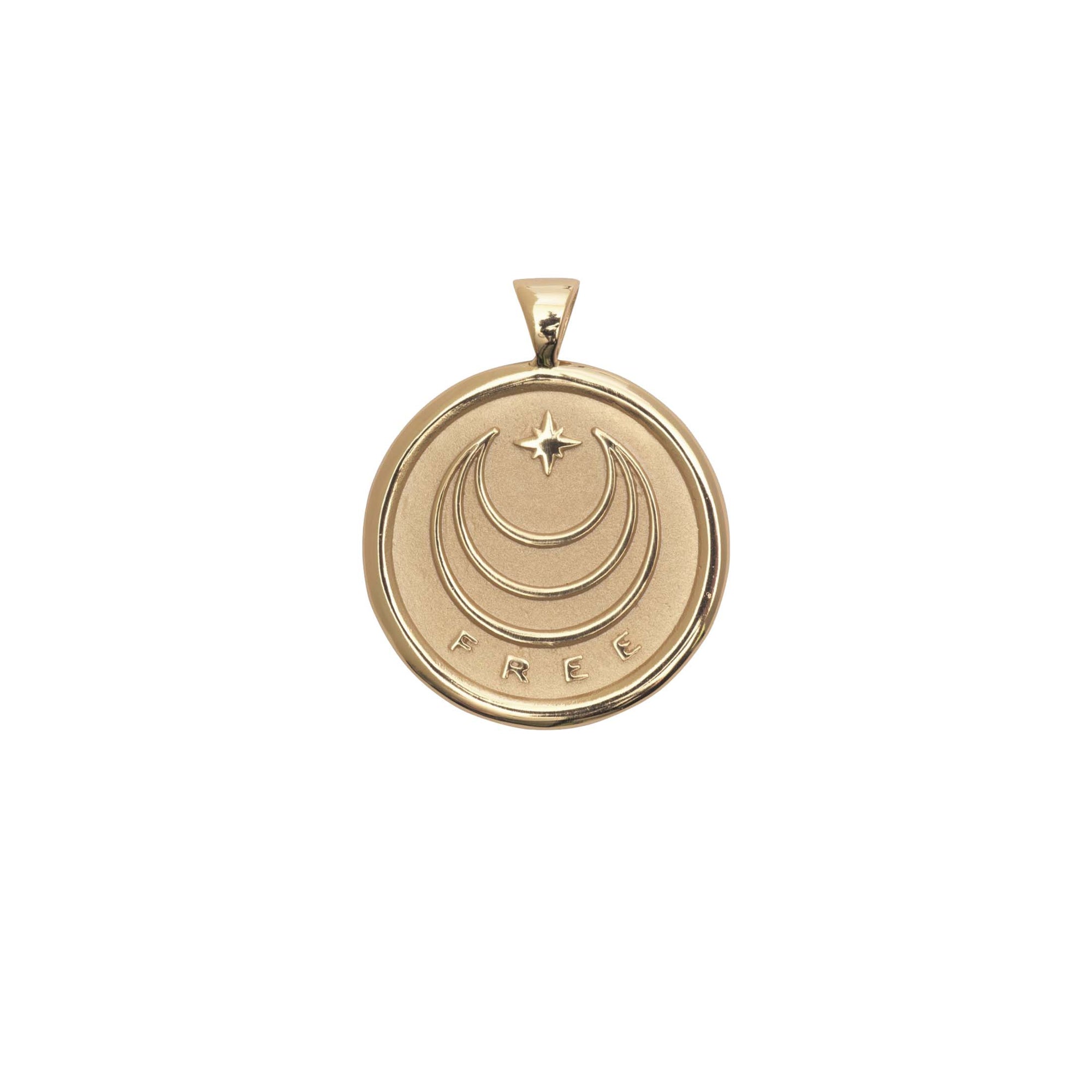 Gold Coin Pendant with Jane Win moon and star logo and word FREE