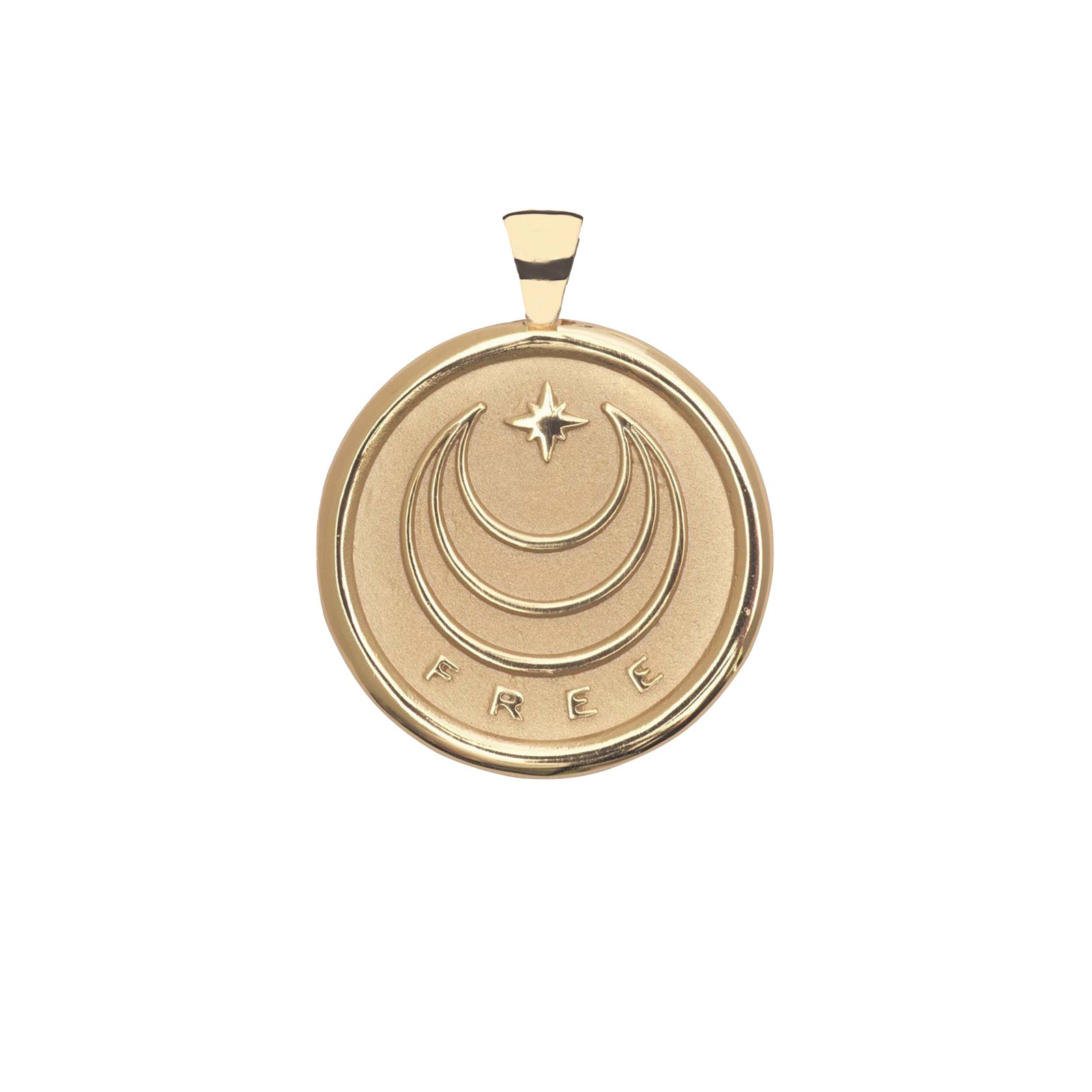 Gold Coin Pendant with Jane Win moon and star logo and word FREE underneath