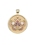 Gold coin pendant featuring butterfly made of White Topaz, Green and Pink Tourmaline, Amethyst, and Rose Quartz stones with star detail