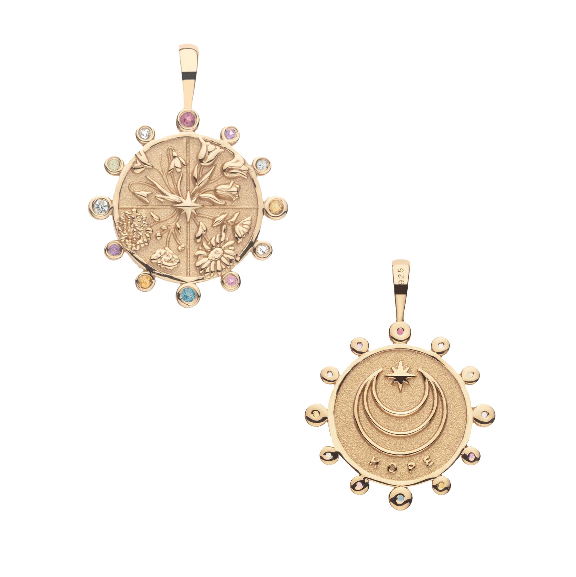 Gold coin pendant with four quadrants of flowers and border of pink tourmaline, white topaz, sky blue topaz, amethyst, peridot, and citrine stones (front) and Jane Win moon and star logo with the word "Hope" (back)
