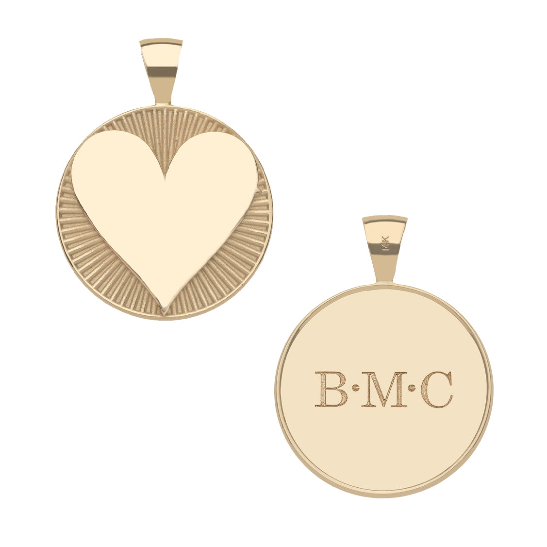Front of gold engravable heart coin and blank back of coin featuring sample engraving
