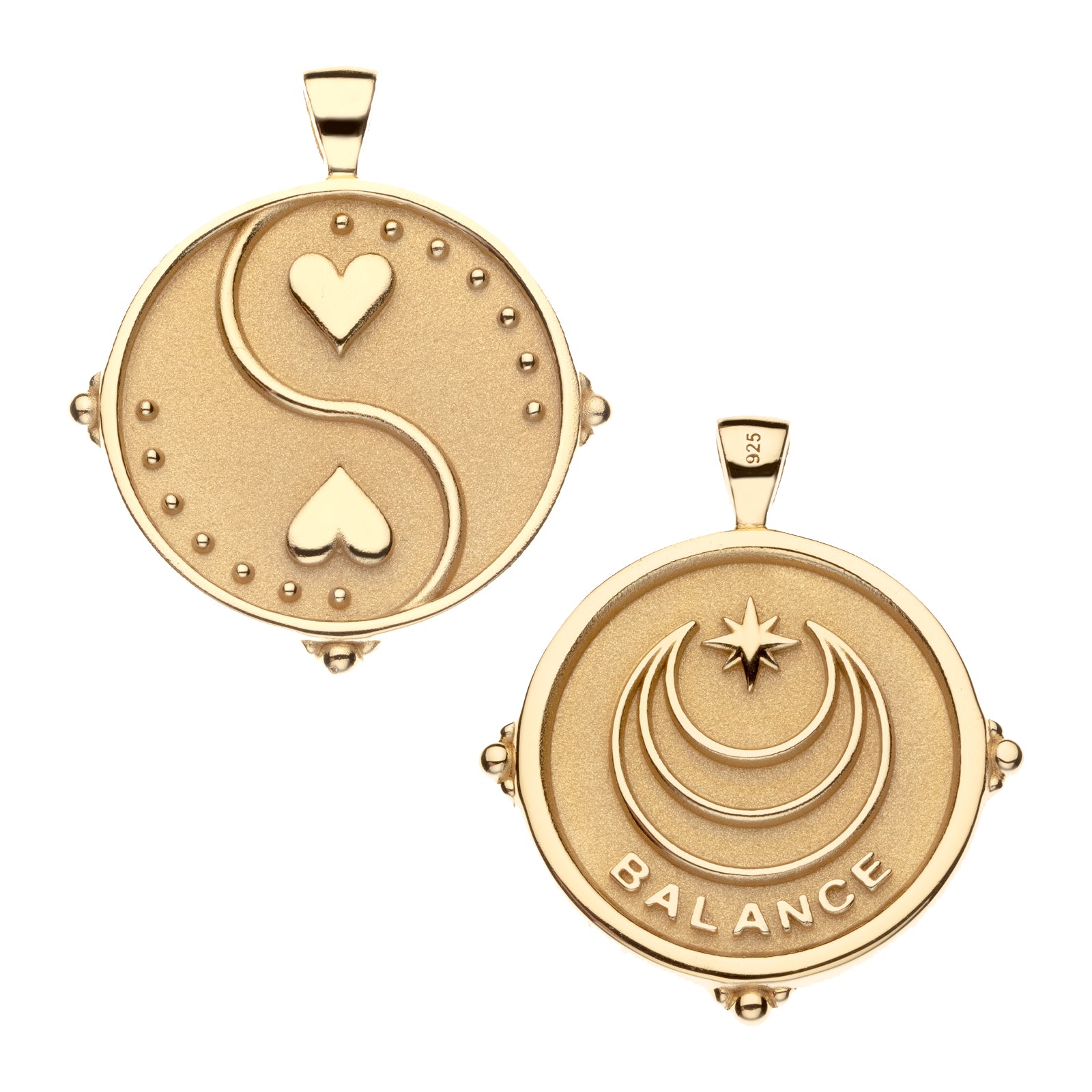 Gold Coin with Yin and yang of hearts (Front), Moon and Star Logo with word BALANCE beneath (back)