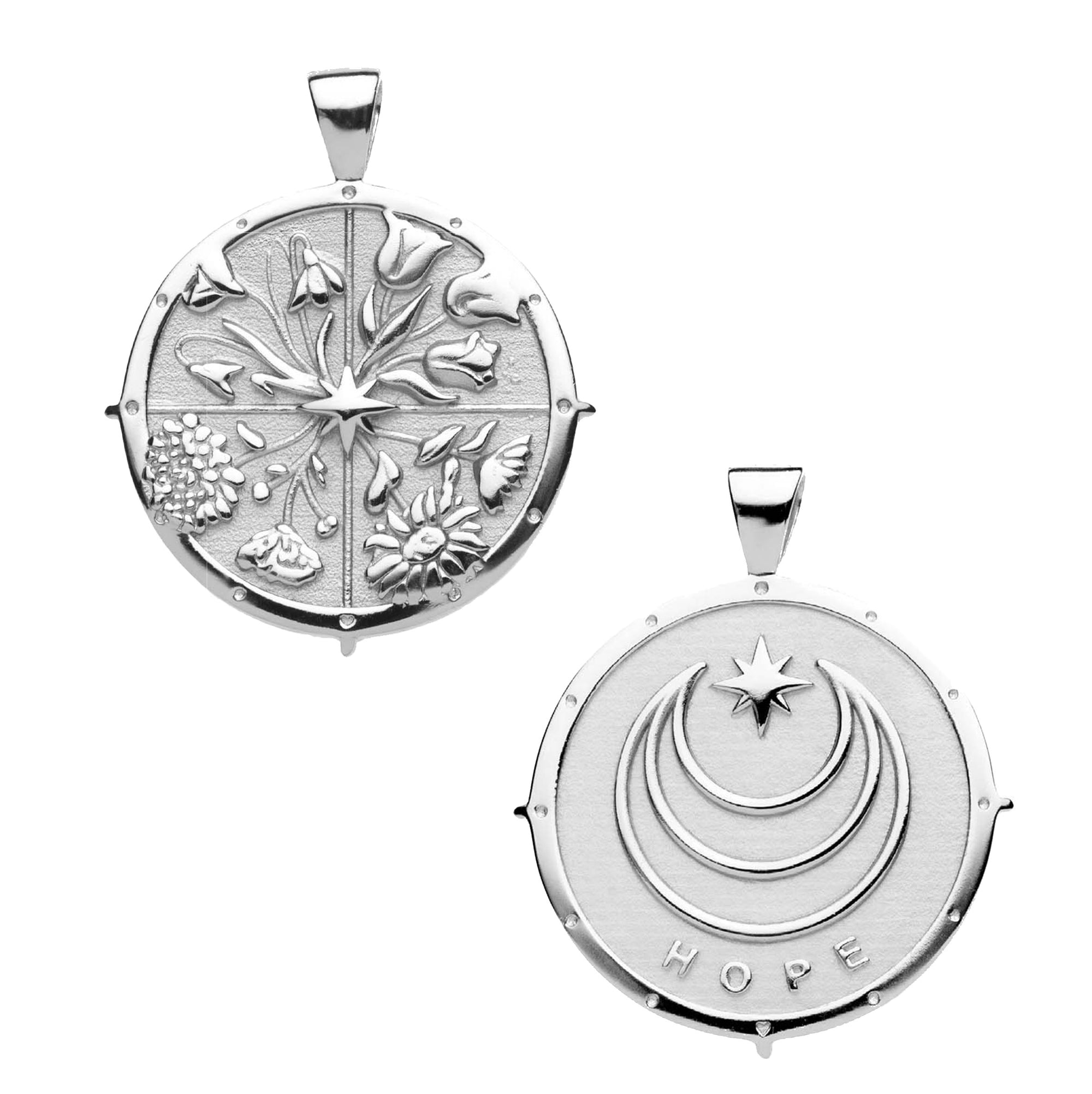 Silver Coin Pendant with four floral designs in each quadrant (front) and moon and star logo and word HOPE underneath (back)