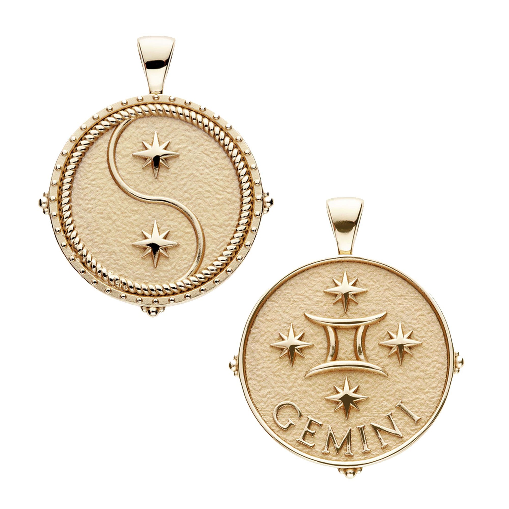 Gold original Gemini coin pendant featuring twin stars on one side and the Gemini symbol with 4 stars and the word "Gemini" underneath
