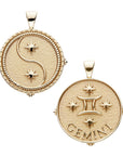 Gold original Gemini coin pendant featuring twin stars on one side and the Gemini symbol with 4 stars and the word "Gemini" underneath