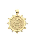 Back of gold coin pendant features moon and star logo and the word GRACE