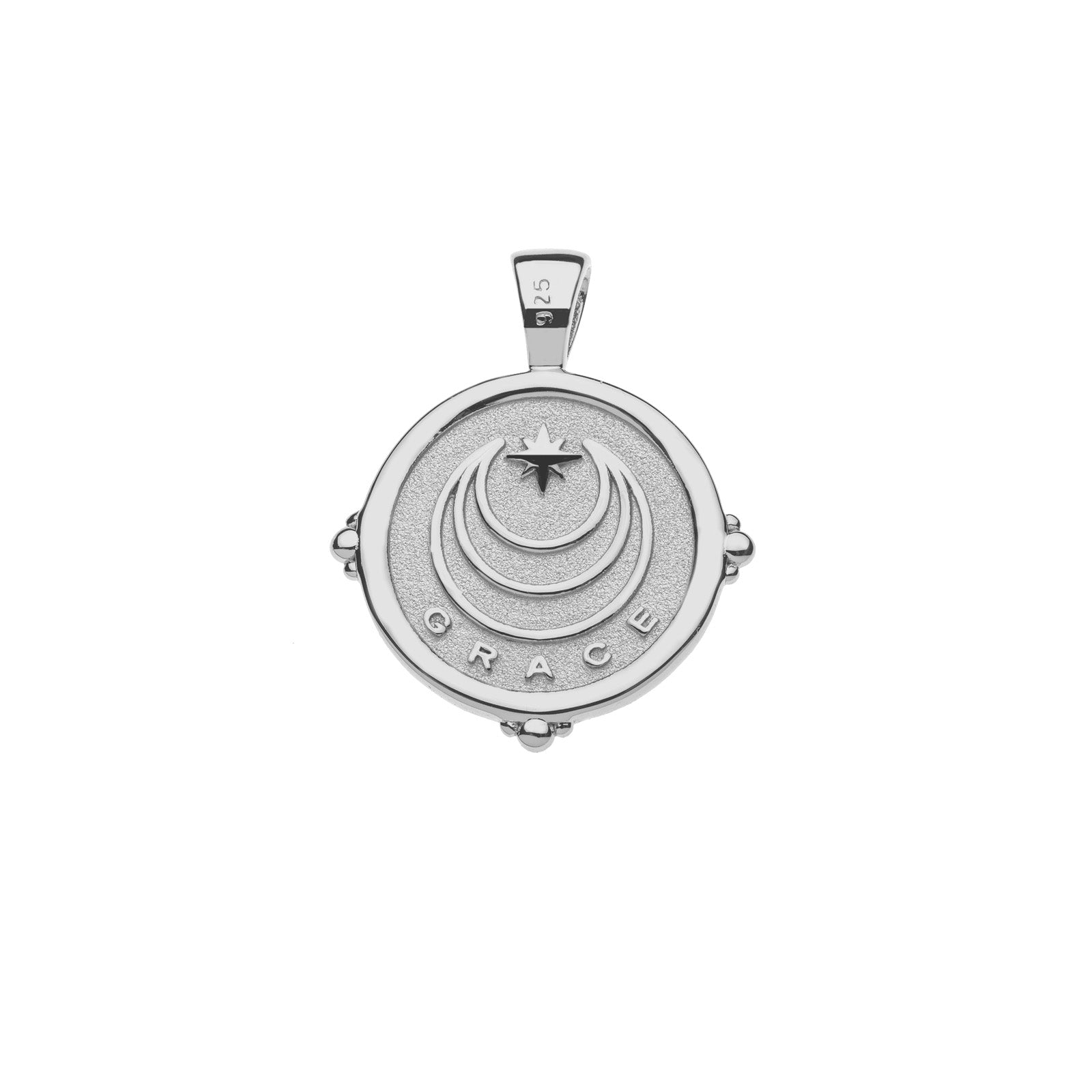 Back of silver coin pendant features moon and star logo and the word GRACE