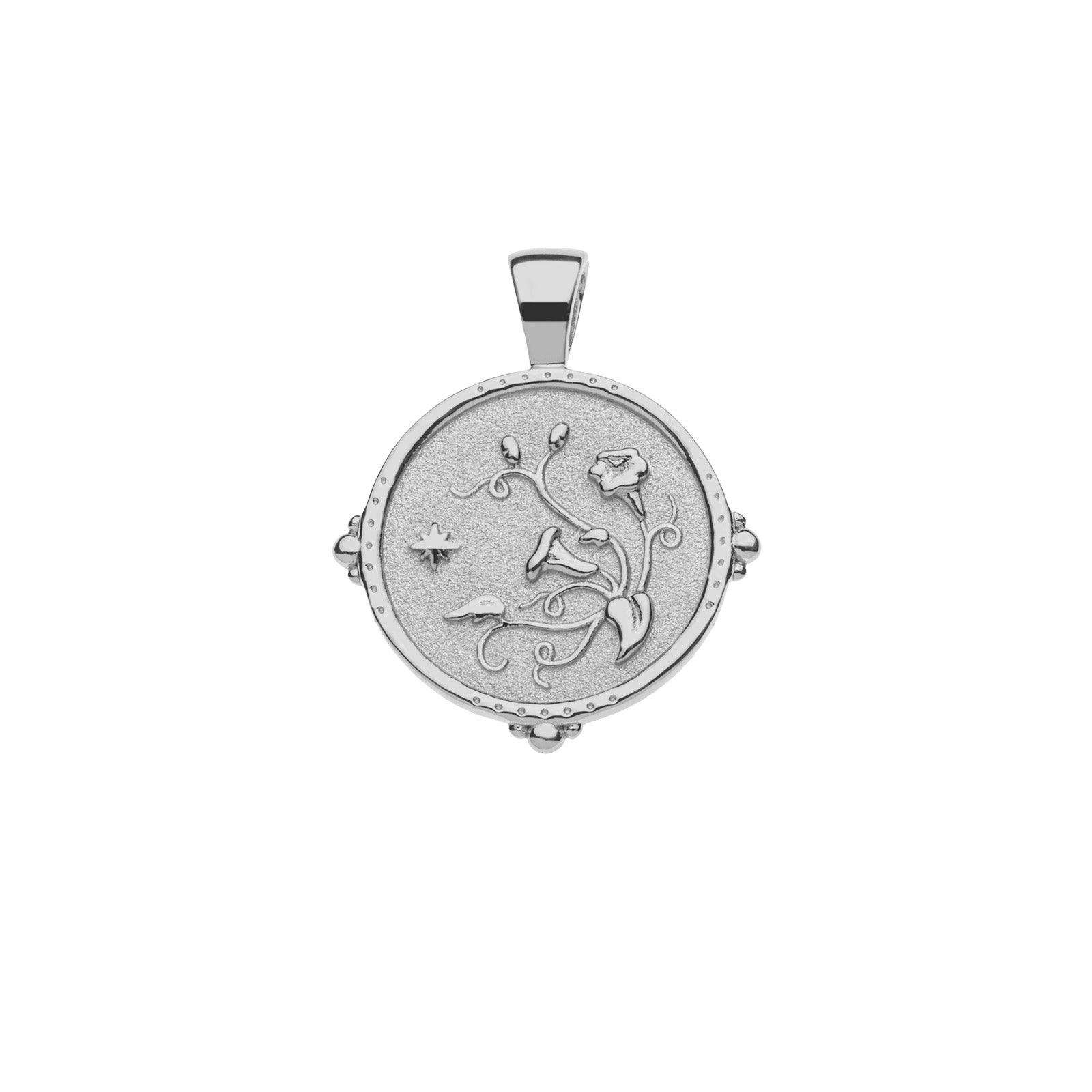 Silver coin pendant featuring morning glory design