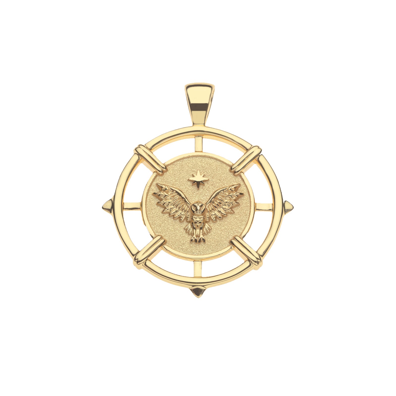 Gold coin pendant featuring owl with its wings spread, star detail, and cutouts along the border