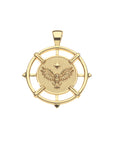 Gold coin pendant featuring owl with its wings spread, star detail, and cutouts along the border