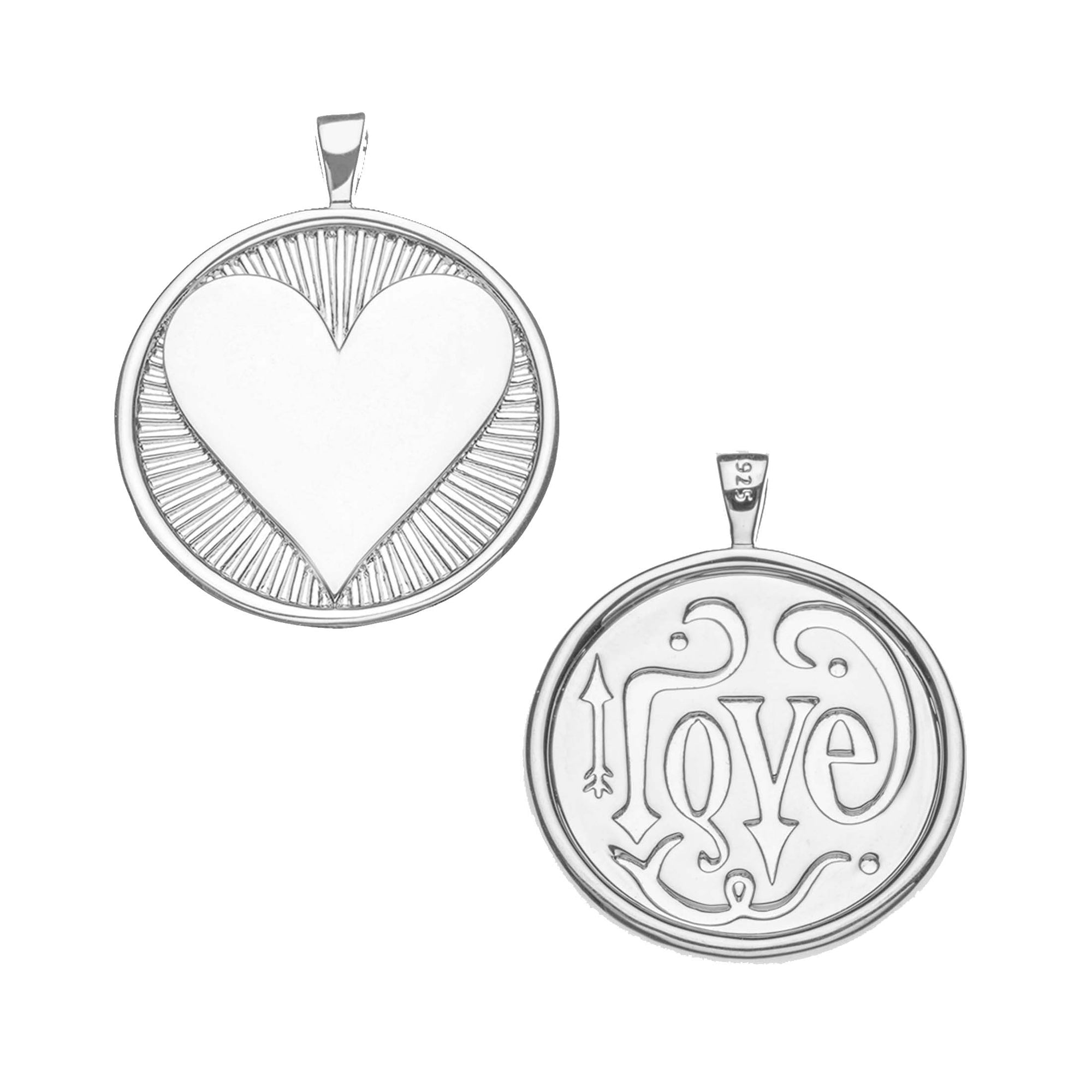 Silver coin pendant with heart on front and the word "love" with arrow detail on the back