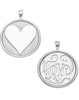 Silver coin pendant with heart on front and the word "love" with arrow detail on the back