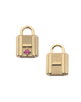 Front of letter H lock pendant with pink tourmaline detail and back also features letter H