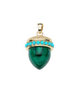 Carved malachite acorn pendant features gold cap with border of turquoise cabochon stones
