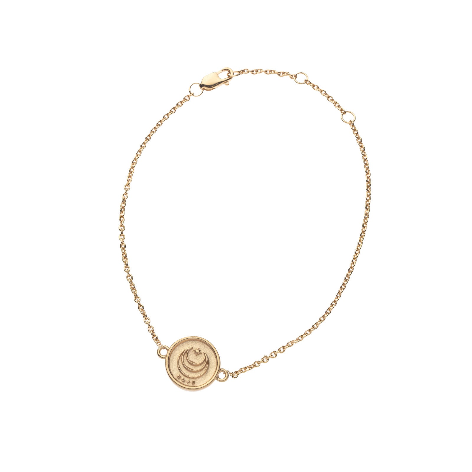 Gold chain bracelet with small coin with Jane Win moon and star logo with the word Hope