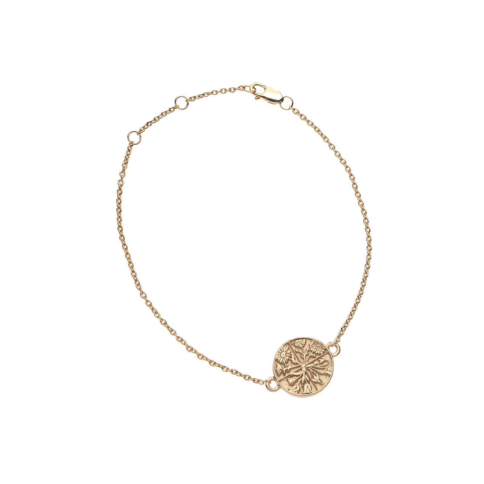Gold chain bracelet with small gold coin with design of four quadrants of flowers