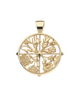 Gold cutout hope coin pendant features sunflowers, snowdrops, tulips, and mums