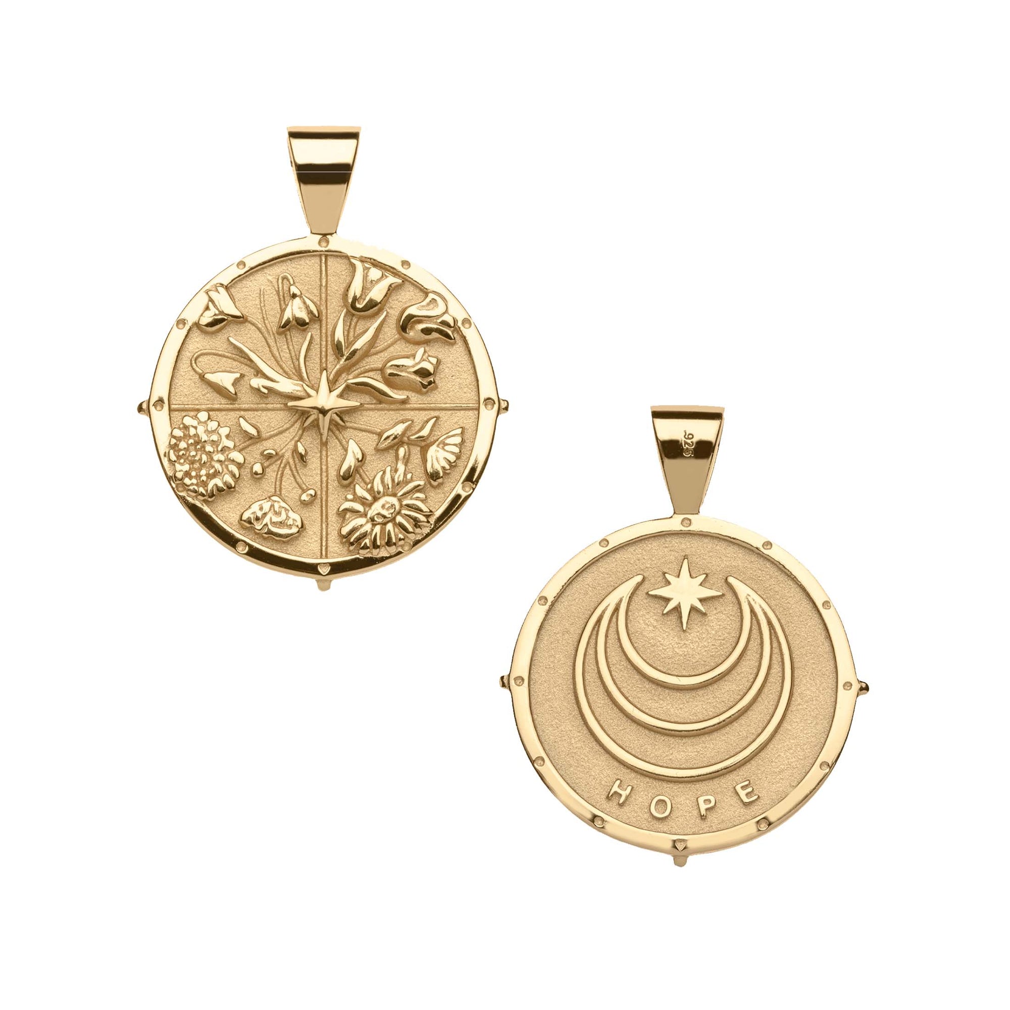 Gold small Coin Pendant with four floral designs in each quadrant (front) and moon and star logo and word HOPE underneath (back)