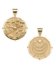 Gold small Coin Pendant with four floral designs in each quadrant (front) and moon and star logo and word HOPE underneath (back)