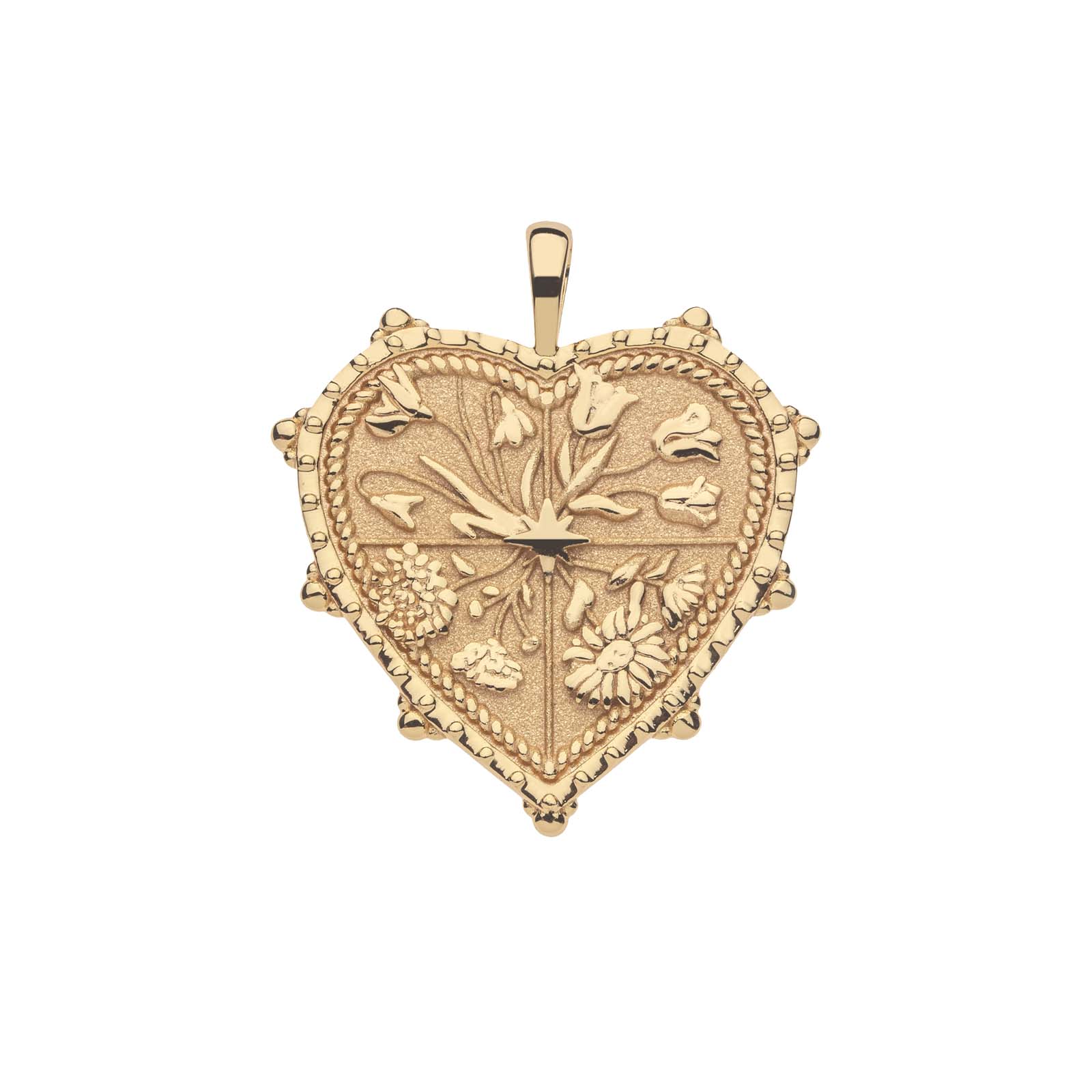 Gold Heart Pendant with floral design in four quadrants