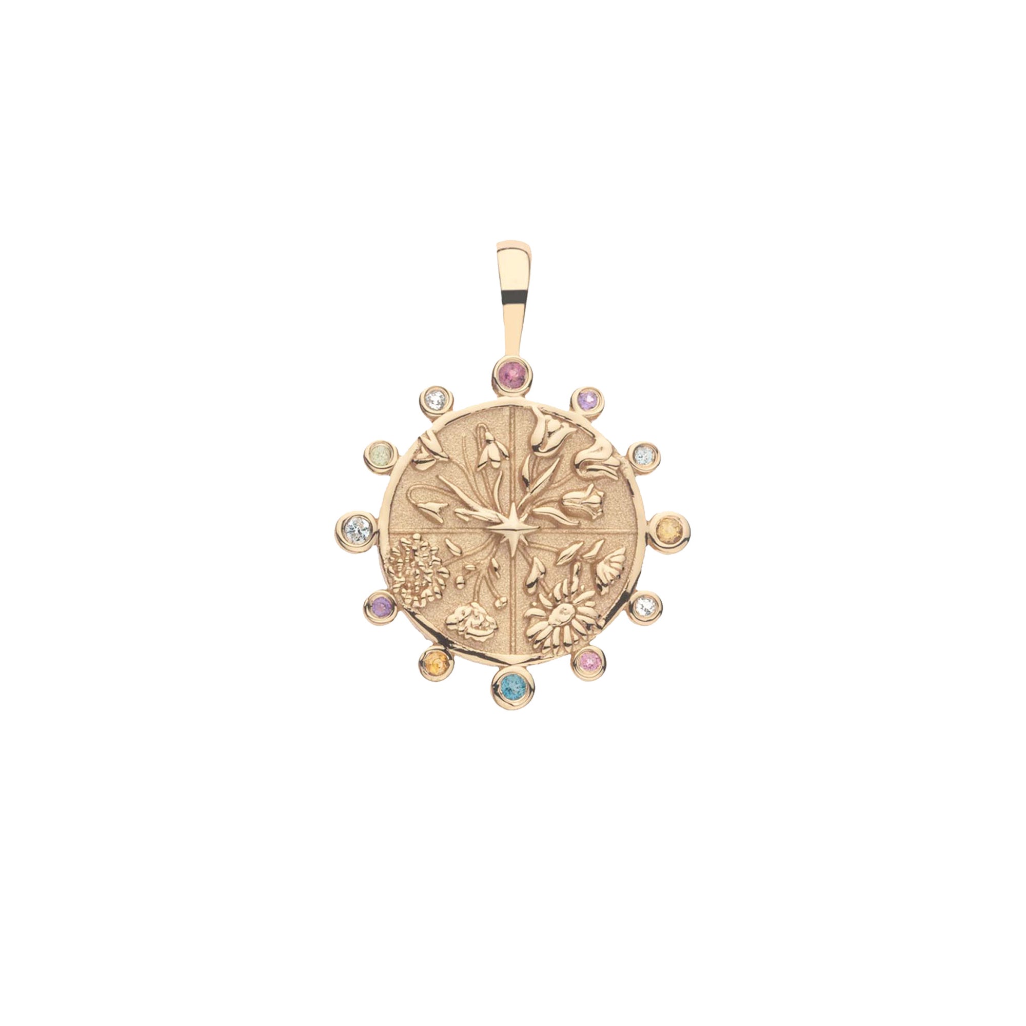 Gold coin pendant with four quadrants of flowers and border of pink tourmaline, white topaz, sky blue topaz, amethyst, peridot, and citrine stones