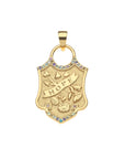 Gold shield pendant features various seasonal flowers and the word "HOPE", as well as border of colorful stones including Pink Tourmaline, Yellow Citrine, Peridot, Whit Topaz, Sky Blue Topaz, and Amethyst