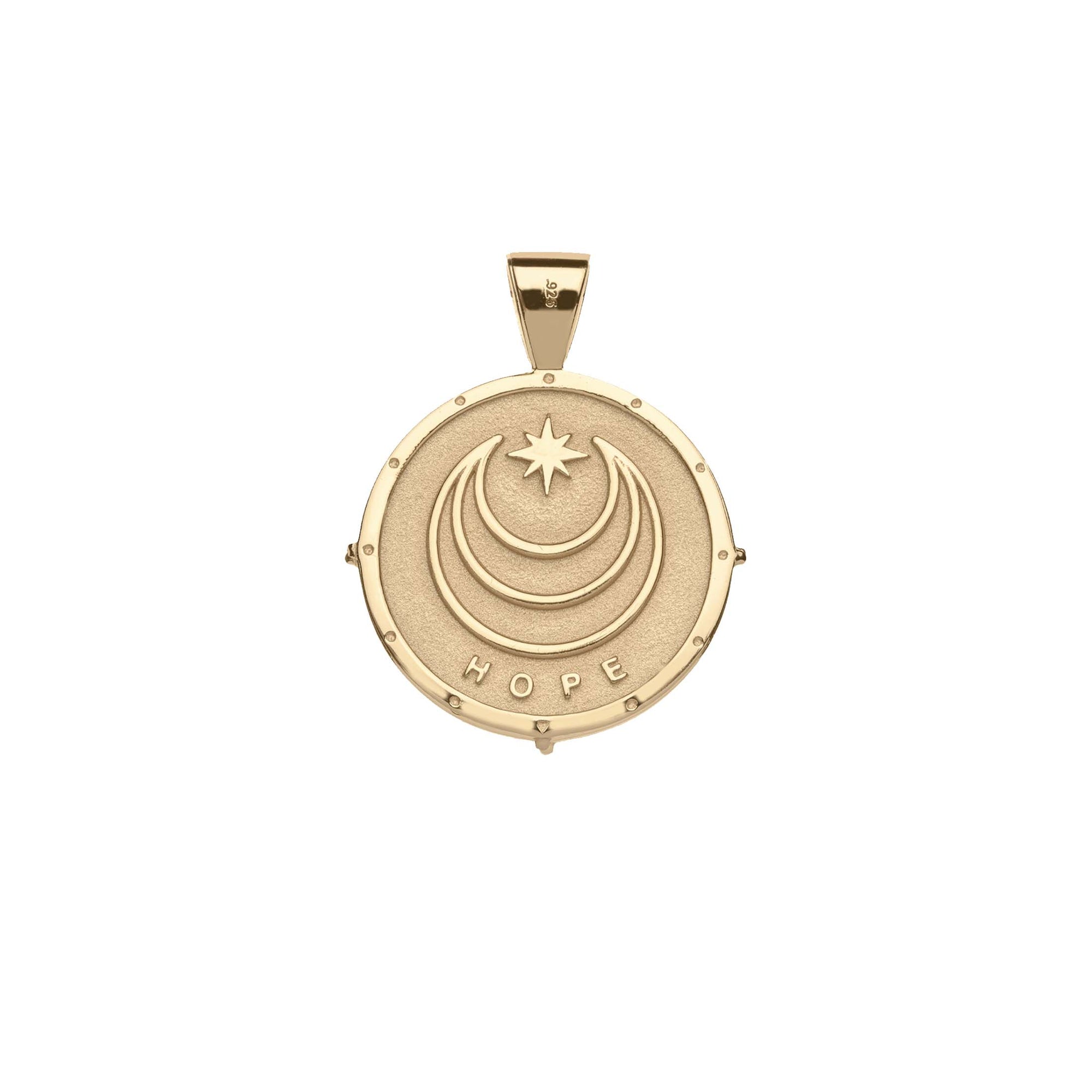 Gold Coin Pendant with moon and star logo and word HOPE underneath (back)