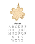 Engravable 4 leaf clover pendant showing engraving example for initials