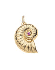 Gold nautilus shell pendant with pink tourmaline stone at the center