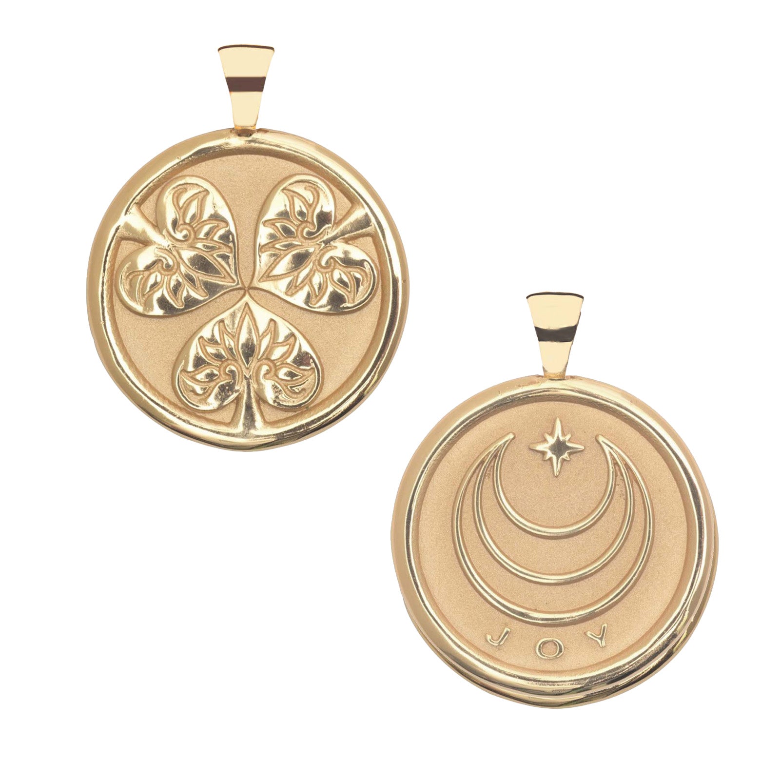 Front and Back of Gold Coin, 3 hollyhock leaves (front) and word JOY (back)