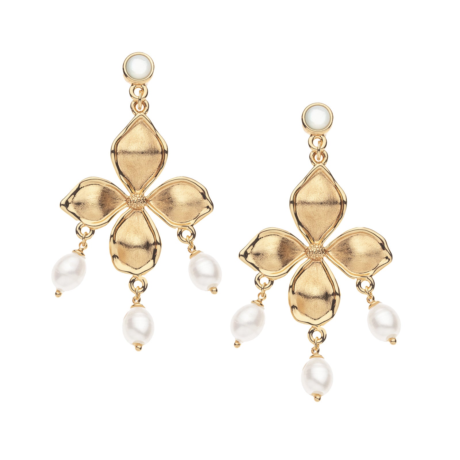 Gold drop earrings feature a pearl stud, dogwood flower, and pearl drops