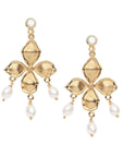 Gold drop earrings feature a pearl stud, dogwood flower, and pearl drops