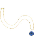 Carved lapis cherry blossom on 14 karat beaded satellite chain